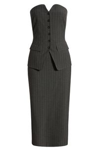 Suiting style comes for after-hours affairs in this pinstriped dress designed to showcase your shoulders. 42 1/2" center front length (size Medium) Hidden back-zip closure Strapless Partially lined 65% polyester, 30% viscose, 5% elastane Hand wash, dry flat Imported