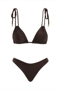 The Chintz Rope Trim Bikini in Dark Chocolate from our Summer Swim 2023 Collection. An Italian lycra triangle bikini set featuring self tie rope straps and V cut bottoms.