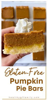 Pumpkin Pie in a bar! A shortbread cookie base + a luscious and creamy pumpkin layer makes for a delicious gluten-free treat! Perfect anytime but especially around the holidays. Plus they are dairy-free optional and super EASY to make.