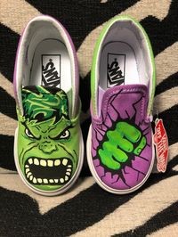 HULK SMASH! Hulk themed kids handpainted Vans **Please be sure of your size when ordering. No returns, exchanges or refunds as each pair is custom handmade.** **No way affiliated or endorsed with the companies, subsidiaries or affiliates of any of the content I paint on the shoes** Q. What is your turn around time? A. Usually I have many orders at one time so I do ask for UP TO 2 WEEKS to have the time to order the shoes, work on them in order received and drop them off with USPS. Q. Do you do r