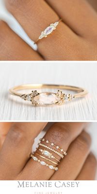 A 14k yellow gold moonstone ring featuring a marquise cut center accented by clusters of white diamond on a delicate band. Find the Moonstone Eyelet Ring at melaniecasey.com!