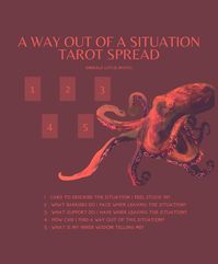 Feeling stuck can be one of life's most frustrating experiences.   Whether you're entangled in a complex personal issue, facing a career dilemma, or navigating a challenging relationship.   When the way forward isn’t clear, the weight of indecision can make every day feel like a struggle.  This tarot spread is designed to help you navigate a sticky situation.   I chose the octopus as the spiritual symbol in this tarot spread because to me they symbolize getting out of a difficult situation. They can fit through holes that look impossible. They are wise, resourceful, intelligent and highly evolved. I hope their energy will help you!