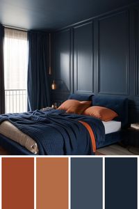 Experiment with this precise design and furniture in your own area using AI HomeDesign with just one click!Blue, Bedroom, Wall, Dark, Orange, Black, Color scheme, Palette, Tones, Brightly lit, Gold, Scheme, Room, Tone, Colorful#BedroomDesign #BlueDecor #DarkColorScheme #OrangeAccents #InteriorInspo #ModernStyle #BrightLighting #ColorPalette #AIHomeDesign #InteriorDesignTrends