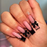 24Pcs Black Ballerina Full Cover Nails Press on Long Coffin False Nail Set with Bowknot 3D French