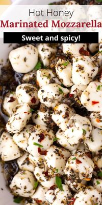 Make any party unforgettable with these Hot Honey Marinated Mozzarella Balls! This easy appetizer pairs spicy honey with bite-sized mozzarella, herbs, and spices. With only 5 minutes of hands-on time, they’re a simple yet impressive option for potlucks and gatherings.