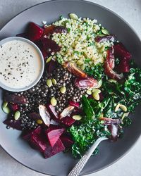 Spicy Beet Balance Bowls with Beluga Lentils, Dates and Hummus Dressing - Good Eatings