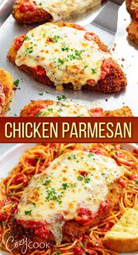 This restaurant-worthy Chicken Parmesan recipe is easy to make in a skillet and bake in the oven with marinara and mozzarella! Serve this with pasta for an Italian dinner that your family will love!