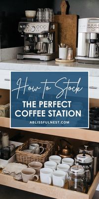 Dreaming of a dedicated coffee corner in your kitchen? Learn how to stock the perfect coffee station with all the essentials you need to brew your favorite beverages at home. Get inspired by our guide, featuring a variety of coffee makers, mugs, and storage solutions. #coffeelover #kitchenorganization #coffeebarideas