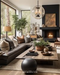 Modern farmhouse chic! This living room boasts a striking dark modern fireplace, blending contemporary style with farmhouse comfort.  #InteriorDesign #StudioOwnArchitecture #ModerFarmhouse #RusticLivingRoom #LivingRoomDesign