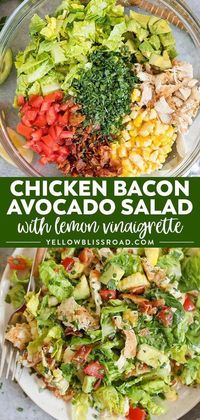 Bacon Avocado Chicken Salad with Lemon Vinaigrette - Loads of veggies, crispy bacon and creamy avocado make the perfect base for the healthy salad dressing. via @yellowblissroad #cookingrecipes #avacadochicken