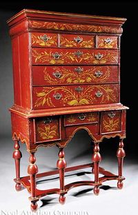 William and Mary Oak Chest-on-Stand, late 17th c., stepped molded cornice, convex frieze over three short drawers over three graduated long drawers lower case with three stepped drawers, trumpet legs, stretchers, turned feet, with later red and ochre painted decoration overall, height 69 1/2 in., width 43 in., depth 23 1/2 in.