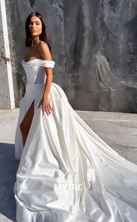 LW191 - Off Shoulder Beaded Pleated Satin Long Ball Wedding Gown With – Liymc