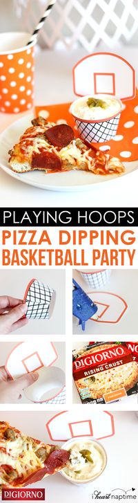 Pizza dipping hoops from @iheartnaptime! Supplies: DIGIORNO Original Rising Crust Sausage & Pepperoni pizza, Free printables, White card stock, White treat cups, Scissors and a Glue gun.Step 1: Print/cut printables. Step 2: Measure the “net” around the treat cup and hot glue it in the back. Step 3: Glue front of “backboard” to back of “net”. Step 4: Fill treat cup with a dip. Step 5: Dunk a slice of hot, fresh-baked DIGIORNO Original Rising Crust Sausage & Pepperoni pizza.