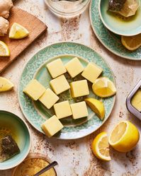 A plate full of the starbucks medicine ball immunity cubes, sitting on a countertop