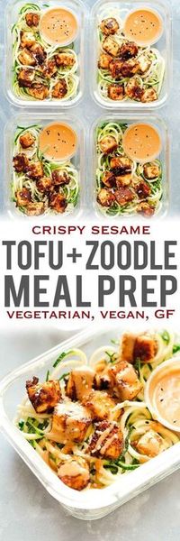 Crispy sesame tofu with zucchini noodles is the perfect healthy, vegetarian meal prep lunch recipe that is low carb, vegan and gluten free too. These easy meal prep lunches are served with crispy sesame tofu on a bed of zucchini noodles and a delicious peanut sauce to go with! Healthy lunch recipe on the go!