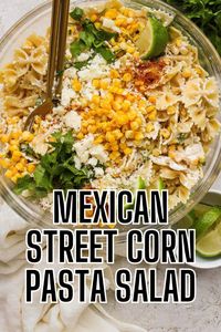 This creamy and tangy Mexican street corn pasta salad has all the flavors of Mexican elote but in a quick and easy pasta salad. Fire-roasted corn, mayonnaise, crema, lime juice, cotija cheese, and pasta come together in 30 minutes to make the ultimate side dish.