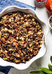 Learn how to make the best wild rice stuffing for turkey or chicken. Flavored w/ apples & cranberries this wild rice dressing is gluten free. #wildricestuffing #turkeystuffing #glutenfreestuffing #wildrice #wildricedressing #foolproofliving