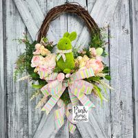 Spring Easter wreath for front door with a sweet little moss bunny, peonies, and some Easter eggs. #Easterwreath #springwreath #frontdoorwreaths #bunnywreath