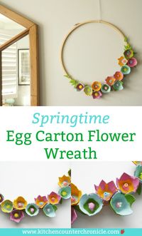 The ultimate "trash into treasure" project is this this beautiful egg carton flower wreath. Find out how to make a gorgeous egg carton flower wreath for your home. A fun craft project for adults and kids of all ages. #eggcartoncraft #flowercraft #craftsforkids #springcraft #earthday #earthdaycraft #recyclingcraft #springflowers #springflowerscraft #diy #diywreath #greenliving