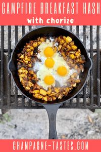 This easy campfire hash with chorizo (or soy chorizo) is made with potatoes and eggs. It's a perfect camping breakfast!