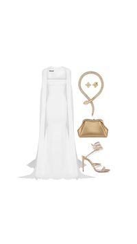 White khaleeji style dress, gold bulgari pouch, amazon heels, affordable jewellery