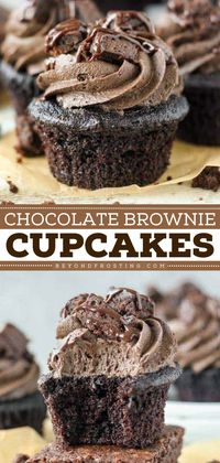 Here's a cupcake idea that reimagines fudgy brownies! This chocolate cupcake recipe is a simple dessert that comes together in just about 30 minutes. Complete with a brownie mix frosting, brownie chunks, and hot fudge, these Triple Chocolate Brownie Cupcakes are a winner!