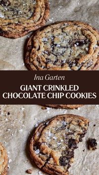 Ina Garten’s Giant Crinkled Chocolate Chip Cookies is made with butter, granulated sugar, light brown sugar, egg, vanilla extract, all-purpose flour, baking soda, kosher salt, bittersweet chocolate, and fleur de sel. This delicious cookie recipe creates a tasty dessert that takes about 45 minutes to prepare and can serve up to 12 people.  This Giant Crinkled Chocolate Chip Cookies Recipe Is From Modern Comfort Food Cookbook by Ina Garten