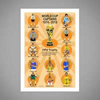 Colourful Print featuring all 12 FIFA World Cup winning team captains from 1974 - 2018. Includes Hugo Lloris, Philipp Lahm, Iker Casillas, Fabio Cannavaro, Diego Maradona & Franz Beckenbauer. Each captain is pictured in fine detail wearing their national colours holding the iconic FIFA World Cup