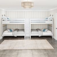 This Quadruple Bunk is two Queen Bunk Beds connected by a staircase in the middle. Designed as a space-saving way to sleep four, it's the perfect solution for a shared bedroom or vacation home. Added bonus, stairs double as drawers for built in storage. Quality: Solid, knot-free premium hardwood construction (Maple, Birch, Aspen) Non-toxic, low VOC finish. Strong: Tested to hold 2,000 lbs. (that's 4x the U.S. safety standard!) Stable: Patented Rock Lock Leg Bolts provide rock solid connections S