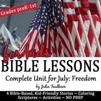 This set of four Patriotic-Themed Bible Lessons is perfect for kids' church, Sunday School, home school, Christian schools, and more. This no-prep themed teaching pack will show children - through the use of Bible stories and Bible characters - that we can be free from sin through Jesus Christ! This...