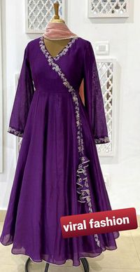 Cross over neck design with long umbrella cut indo western kurti, pure purple with white embroidery, slim fit, party wear,}