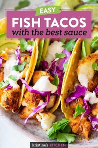 These Fish Tacos are easy to make and so flavorful! With seasoned fish, cabbage slaw, avocado and the best fish taco sauce! The best homemade fish taco recipe! #fishtacos #tacos #fishrecipes