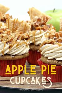 I don't think you'll find a more fall flavored cupcake recipe than the one for these Caramel Apple Pie Cupcakes! The spiced cupcakes are topped with a cinnamon buttercream frosting, and apple pie filling - made from scratch with fresh apples - and the final flourish is cinnamon sugar pie crust, a drizzle of caramel sauce, and sprinkled with crushed cinnamon crackers. #CaramelApplePieCupcakes #ApplePieCupcakes #Cupcakes #ThePurplePumpkinBlog #AppleCupcakes #Recipes #CupcakeRecipes