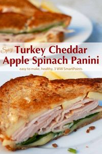 Spicy Turkey, Apple & Spinach Panini - What's not to like about thinly sliced apples, smoked turkey, spinach and cheddar layered between spicy mayo smeared multigrain bread and grilled until toasty and melty? #spicyturkeycheddarpanini #turkeypanini #panini #sandwich