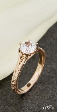 Petite Filigree Rose Gold Engagement Ring with Vintage Scroll Engraving. Green Lake Jewelry 106769