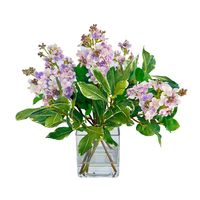 Faux llilac flower arrangement is an elegant centerpiece arrangement made of silk lilac flowers in a modern square glass vase. Perfect size for a side table, nightstand or accent piece in a living room, kitchenl office or bedroom. #silkfloralarrangement #silkflowerarrangement #interiordesign #homedecor #floralhomedecor #floralgift