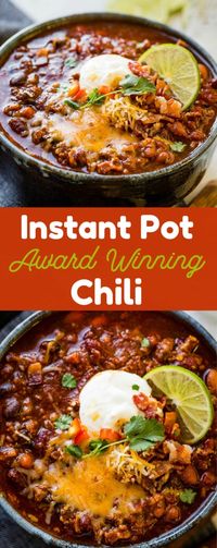 Instant Pot Chili that is award winning and bringing home chili cook-off victories across the country. You don't want to miss diving into a bowl of our best chili recipe!