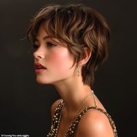 A feathered pixie with subtle highlights adds softness and dimension to your hairstyle. The feathered layers create a delicate, airy texture, while the highlights add depth and brightness, resulting in a chic and effortless look.