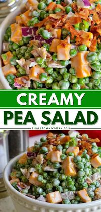 Get ready for an amazing side dish! Nothing beats the classic pea salad recipe. Tossed in a creamy dressing with bacon, red onion, and cheddar, this green pea salad is full of texture and flavor!