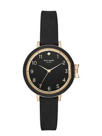 this very elegant park row watch gives you a blank slate. style it any way you like-the glossy white dial, silicone strap and top ring go with literally any outfit in your wardrobe. | Kate Spade Black Silicone Park Row Watch