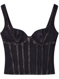 black cotton denim dark wash crystal embellishment side zip fastening bustier-style neckline sleeveless scoop back cropped