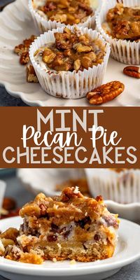 Easy MINI Pecan Pie Cheesecakes - mini cheesecake bites are so much easier to make and serve than a regular cheesecake recipe. Make cheesecake in a muffin pan with pecan pie topping!