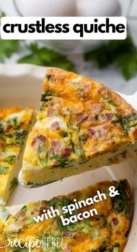 Crustless Quiche is made with eggs, cream, fresh spinach, crispy bacon, and green onions. It's loaded with flavor, perfect for an easy weeknight dinner or breakfast! You won't even miss the crust. #quiche #breakfast #recipe | breakfast recipe | breakfast ideas | healthy recipe | healthy breakfast | egg recipes