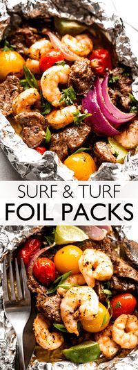 Juicy sirloin and Old Bay-seasoned shrimp collide in these super easy Surf and Turf Foil Packs! With red onion, grape tomatoes, and garlic, there’s plenty of flavor to go around.