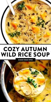 This Cozy Autumn Wild Rice Soup is the perfect fall comfort food! It's easy to make in the Instant Pot (pressure cooker), Crock-Pot (slow cooker), or on the stovetop. It's loaded with sweet potato, kale, mushrooms and other autumn veggies. It's easy to make gluten-free or vegan, if you would like. And it's SO delicious. | Gimme Some Oven #soup #dinner #vegetarian #glutenfree #vegan #comfortfood