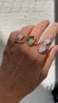 Nebular Diamond Stacking Ring, Aphenos Florescent Flash Opal Ring, Blue Indicolite Tourmaline Marvolo Ring and Rainbow Moonston Superstition Ring ✨