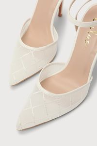 Treat yourself to some sky-high confidence with the Lulus Louize White Embroidered Ankle-Strap Heels! Slightly sheer mesh fabric, with an embroidered diamond pattern, shapes a pointed toe upper and a slender strap that secures around the ankle with a silver buckle. A sleek stiletto heel gives these babies an extra chic look! 4. 75" wrapped stiletto heel. Cushioned insole. Felted rubber sole has nonskid markings. Man made materials. Imported. Lulus | Louize White Embroidered Ankle-Strap Heels.