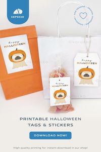 Printable Pug and Pumpkin Happy Halloween Stickers or labels Tags 🎃❤ These dog Halloween tags are perfect for treat bags, favors, or gifts! For children's gifts or for treats for the neighborhood dogs 🐶 Ideal for Halloween goody bags, Halloween student gifts, and Halloween party favors. 🤍 You will receive the design in two sizes: 2x3" and 2.66x4", for different packaging options, and for use as either tags or stickers! 🤍Complete your HALLOWEEN KIT! Explore more in https://korocko.etsy.com