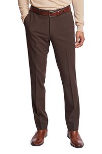 These slim-fit chocolate brown pants have welt pockets on the back and slant pockets on the front, made of a poly-rayon blend for additional comfort and mobility. With its neutral color, it is easy to pair it with any top or its matching slim-fit Dover Notch jacket.PRODUCT DETAILS: style 6428P slim-fitting suit pant slant front pockets welt back pockets 32-inch inseam with finished hem 1.5-inch hem let-down allowance 16-inch leg opening poly-rayon stretch blend dry clean only imported