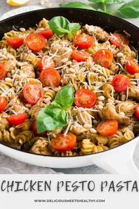 This easy 30 minute dinner is perfect for a quick and delicious weeknight meal. This chicken pesto pasta comes together quickly and easily.